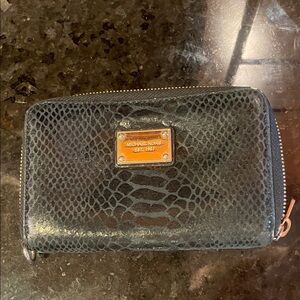 Michael Kors Black Snake-Embossed Zip-Around leather Wallet with Gold Plate